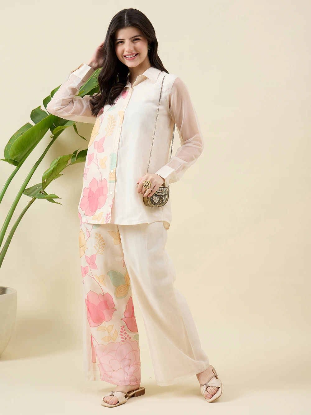 Printed Cream Organza Co-ord Set