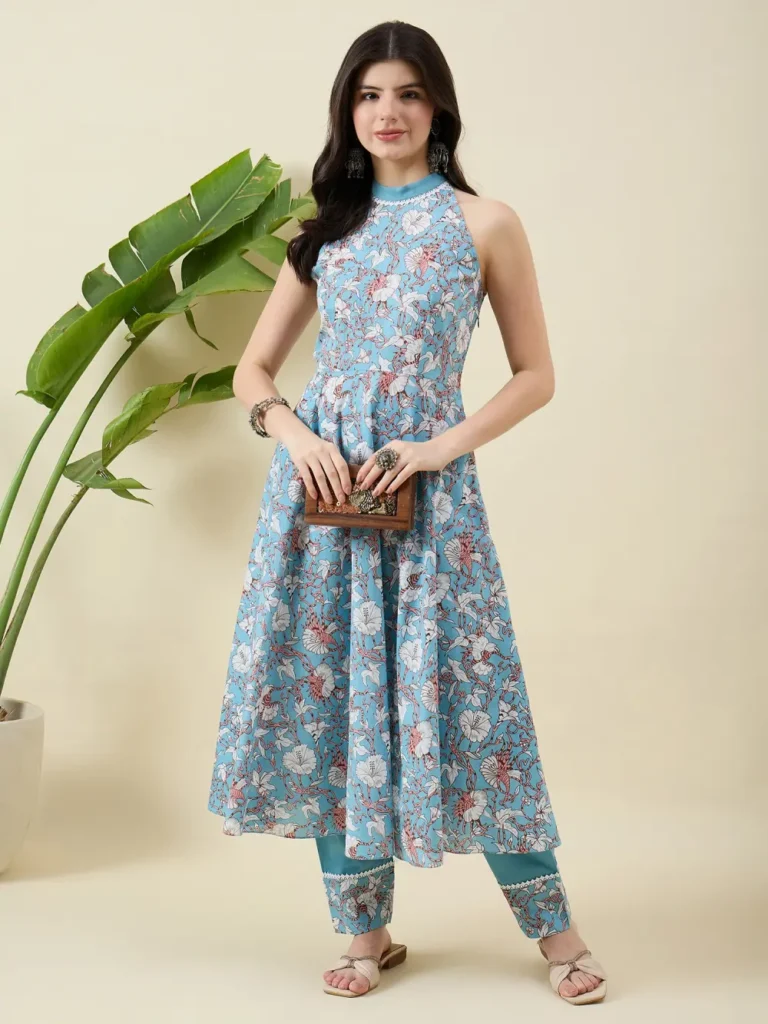 Light Blue Cotton Anarkali Kurta