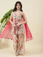 Printed Beige Kurta with Palazzo and Dupatta Set