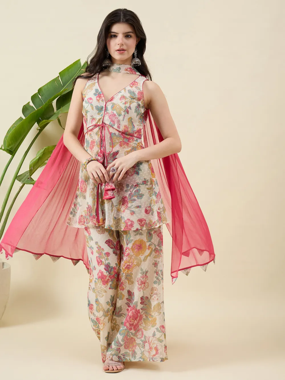 Printed Beige Kurta with Palazzo and Dupatta Set