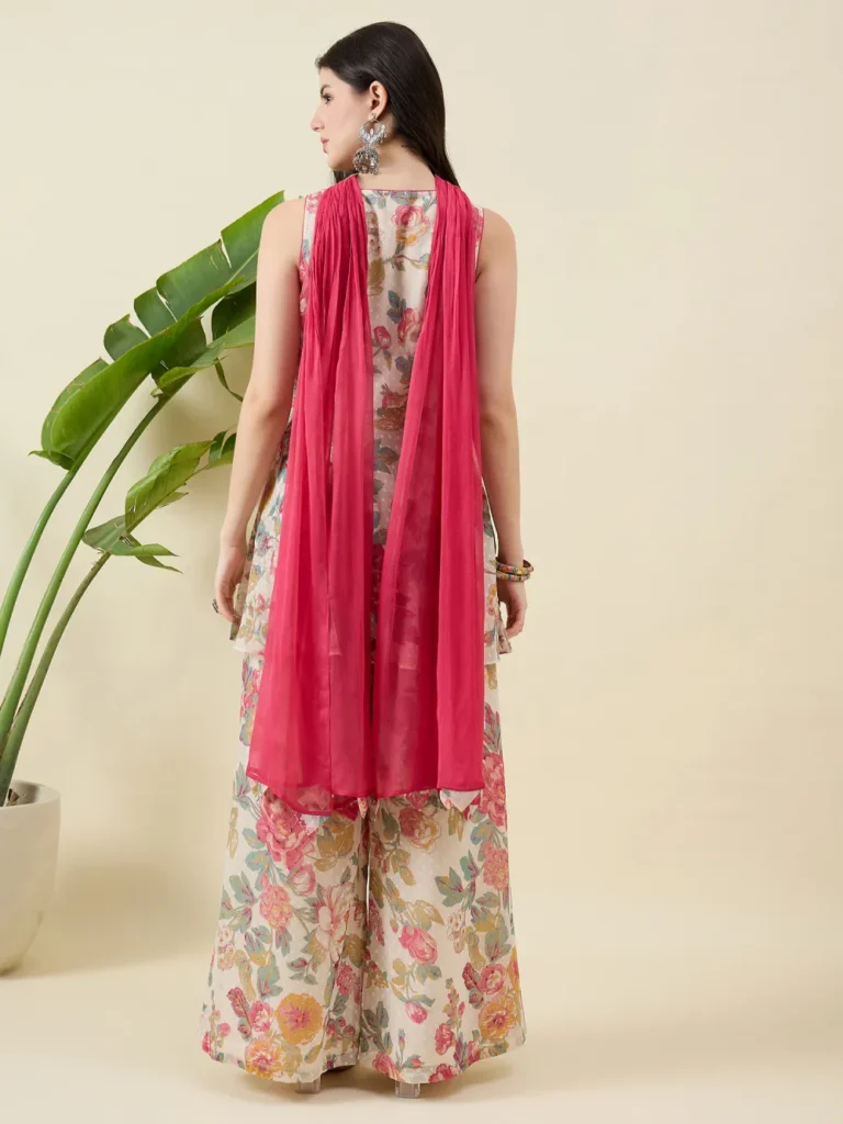 Printed Beige Kurta with Palazzo and Dupatta Set