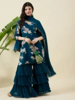 Printed Blue Kurta and Sharara Set