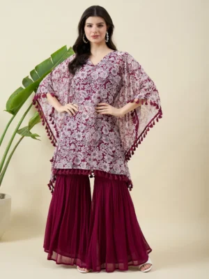 Printed Wine Kurta with Palazzo Set