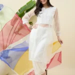 White Organza Kurta Set with Multicolour Dupatta
