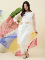 White Organza Kurta Set with Multicolour Dupatta