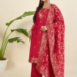 Women Ethnic Motifs Regular Pure Silk Kurta with Trousers & With Dupatta