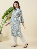 Women Floral Printed Regular Pure Cotton Kurta with Trousers - Image 2