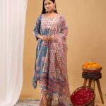 Indigo Bloom Floral Kurta Set with Printed Dupatta