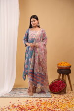 Indigo Bloom Floral Kurta Set with Printed Dupatta