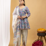 Sky Bloom Floral Peplum Kurta Set with Dupatta