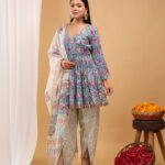 Sky Bloom Floral Peplum Kurta Set with Printed Dupatta