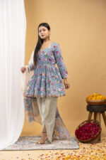 Sky Bloom Floral Peplum Kurta Set with Dupatta - Image 4