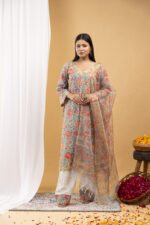 Pastel Meadow Floral Straight Kurta Set with Organza Dupatta