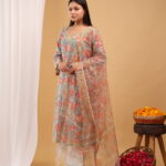 Pastel Garden Floral Kurta Set with Organza Dupatta