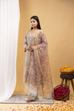 Pastel Meadow Floral Straight Kurta Set with Organza Dupatta - Image 3