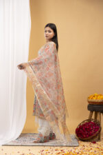 Pastel Meadow Floral Straight Kurta Set with Organza Dupatta - Image 5