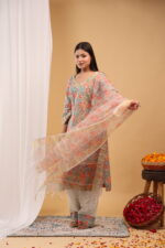 Pastel Garden Floral Kurta Set with Organza Dupatta - Image 4