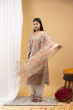 Pastel Meadow Floral Straight Kurta Set with Organza Dupatta - Image 6