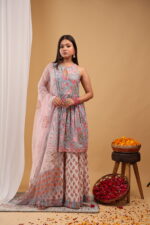 Blush Sky Floral Keyhole Kurta Sharara Set with Dupatta - Image 5