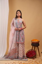 Blush Sky Floral Keyhole Kurta Sharara Set with Dupatta - Image 5