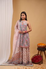 Blush Sky Floral Keyhole Kurta Sharara Set with Dupatta - Image 4