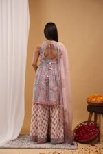Blush Sky Floral Keyhole Kurta Sharara Set with Dupatta - Image 6