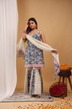 Indigo Bloom Floral Kurta Sharara Set with Printed Dupatta - Image 4