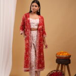 Crimson Bloom 3-Piece Co-Ord Set with Printed Jacket