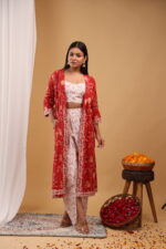 Crimson Bloom 3-Piece Co-Ord Set with Printed Jacket