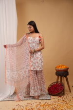 Peach Blossom Printed Kurta Sharara Set with Dupatta - Image 7