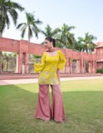 Aritri Women's Mustard Yellow Floral Embroidered Kurta with Dusty Pink Flared Palazzo Pants & Dupatta Set - Image 7
