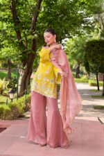 Aritri Women's Mustard Yellow Floral Embroidered Kurta with Dusty Pink Flared Palazzo Pants & Dupatta Set - Image 6