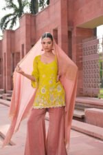 Aritri Women's Mustard Yellow Floral Embroidered Kurta with Dusty Pink Flared Palazzo Pants & Dupatta Set - Image 5