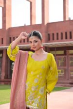 Aritri Women's Mustard Yellow Floral Embroidered Kurta with Dusty Pink Flared Palazzo Pants & Dupatta Set - Image 4