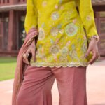 Aritri Women's Mustard Yellow Floral Embroidered Kurta with Dusty Pink Flared Palazzo Pants & Dupatta Set