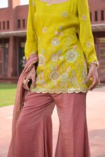 Aritri Women's Mustard Yellow Floral Embroidered Kurta with Dusty Pink Flared Palazzo Pants & Dupatta Set