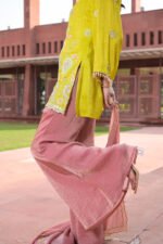 Aritri Women's Mustard Yellow Floral Embroidered Kurta with Dusty Pink Flared Palazzo Pants & Dupatta Set - Image 3