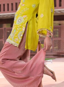 Aritri Women's Mustard Yellow Floral Embroidered Kurta with Dusty Pink Flared Palazzo Pants & Dupatta Set - Image 2