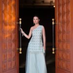Aritri Women's Ice Blue Silver Embroidered One-Shoulder Kurta with Flared Sharara Pants & Dupatta Set