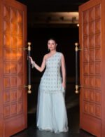 Aritri Women's Ice Blue Silver Embroidered One-Shoulder Kurta with Flared Sharara Pants & Dupatta Set
