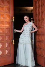 Aritri Women's Ice Blue Silver Embroidered One-Shoulder Kurta with Flared Sharara Pants & Dupatta Set - Image 3