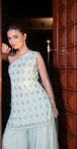 Aritri Women's Ice Blue Silver Embroidered One-Shoulder Kurta with Flared Sharara Pants & Dupatta Set - Image 4