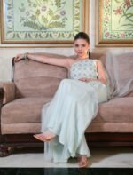 Aritri Women's Ice Blue Silver Embroidered One-Shoulder Kurta with Flared Sharara Pants & Dupatta Set - Image 6