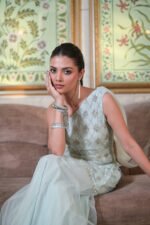 Aritri Women's Ice Blue Silver Embroidered One-Shoulder Kurta with Flared Sharara Pants & Dupatta Set - Image 7