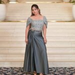 Aritri Women's Grey Silver Embroidered Off-Shoulder Crop Top with Draped Satin Skirt Co-Ord Set