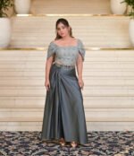 Aritri Women's Grey Silver Embroidered Off-Shoulder Crop Top with Draped Satin Skirt Co-Ord Set