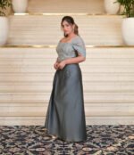 Aritri Women's Grey Silver Embroidered Off-Shoulder Crop Top with Draped Satin Skirt Co-Ord Set - Image 2