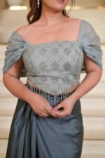 Aritri Women's Grey Silver Embroidered Off-Shoulder Crop Top with Draped Satin Skirt Co-Ord Set - Image 6