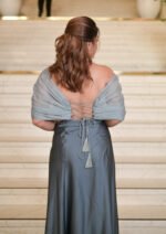 Aritri Women's Grey Silver Embroidered Off-Shoulder Crop Top with Draped Satin Skirt Co-Ord Set - Image 3