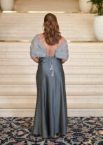 Aritri Women's Grey Silver Embroidered Off-Shoulder Crop Top with Draped Satin Skirt Co-Ord Set - Image 4